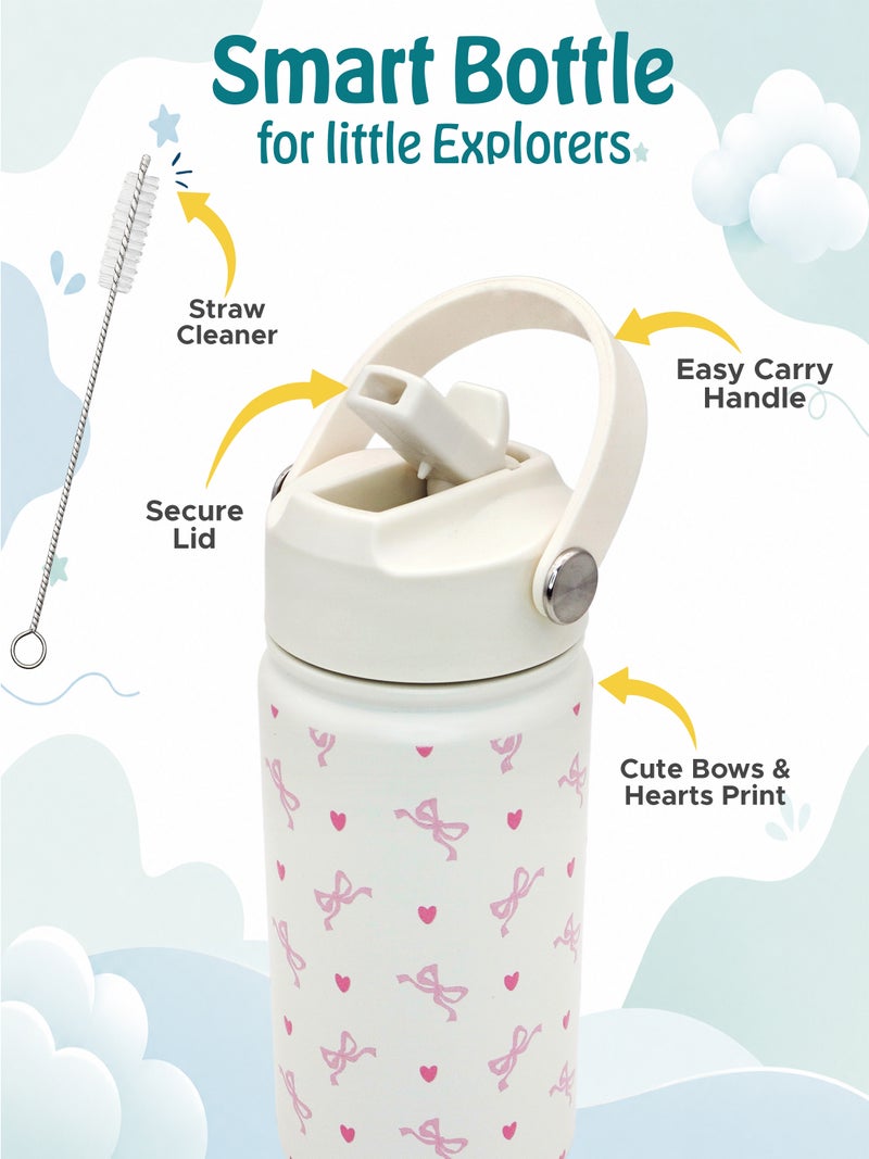 Babies Basic Kids Stainless Steel Water Bottle with Straw - 400ml – Double Wall Vacuum Insulated, Leakproof Thermal Flask, BPA-Free, Reusable Drinking Bottle for School & Travel - Bows Themed - Off White - Image 4