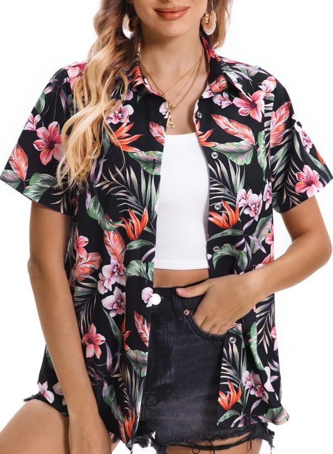 Mizvsitrd Hawaiian Shirts for Women Summer Beach Shirt Tropical Shirts Womens Hawaii Button Down Short Sleeve Blouses Button Up Tops, Tropical Black, L - Image 1
