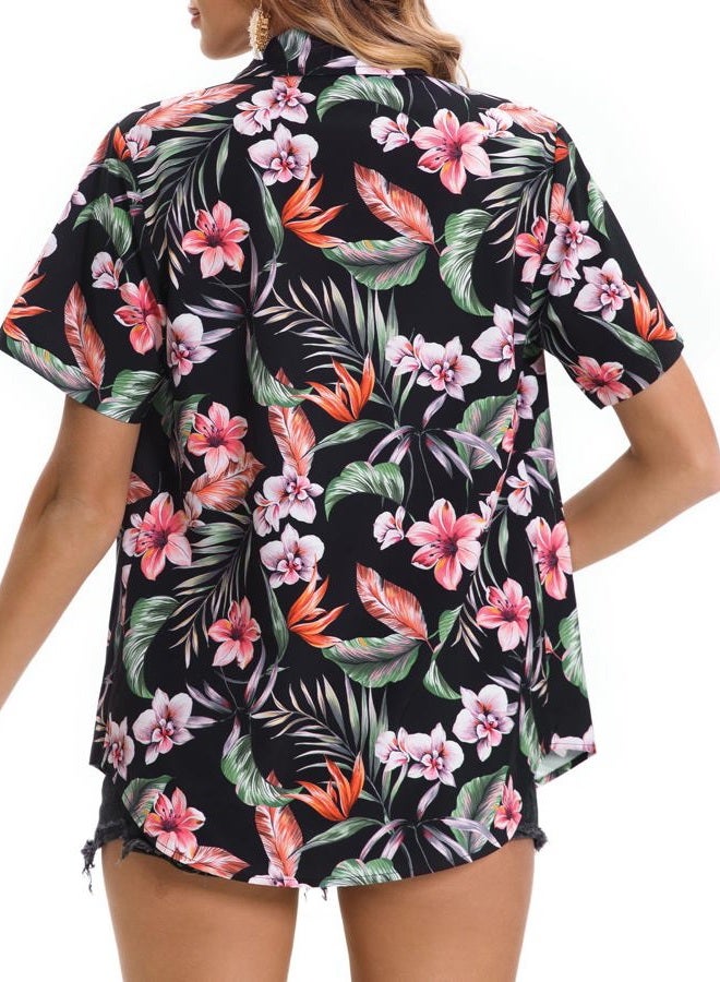 Mizvsitrd Hawaiian Shirts for Women Summer Beach Shirt Tropical Shirts Womens Hawaii Button Down Short Sleeve Blouses Button Up Tops, Tropical Black, L - Image 5