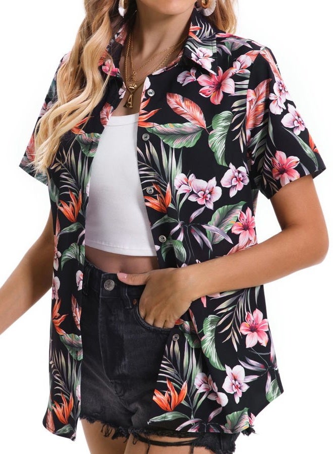 Mizvsitrd Hawaiian Shirts for Women Summer Beach Shirt Tropical Shirts Womens Hawaii Button Down Short Sleeve Blouses Button Up Tops, Tropical Black, L - Image 3