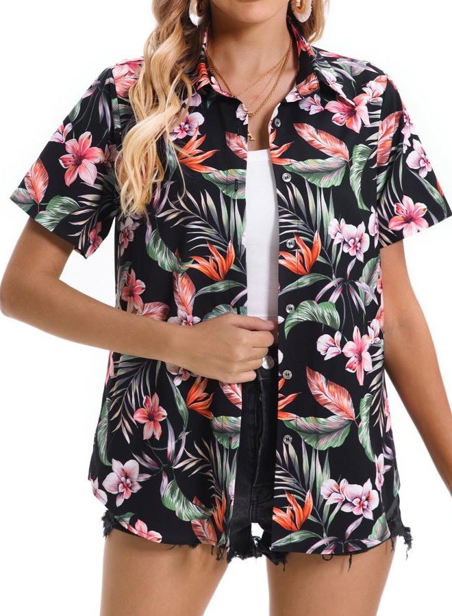 Mizvsitrd Hawaiian Shirts for Women Summer Beach Shirt Tropical Shirts Womens Hawaii Button Down Short Sleeve Blouses Button Up Tops, Tropical Black, L - Image 2