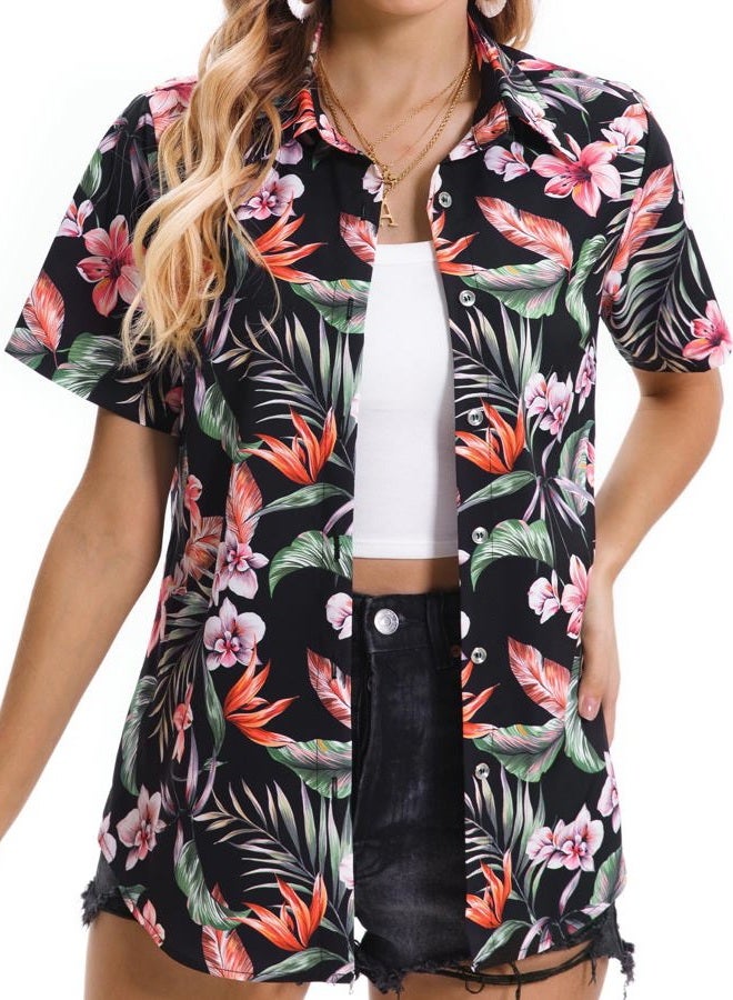 Mizvsitrd Hawaiian Shirts for Women Summer Beach Shirt Tropical Shirts Womens Hawaii Button Down Short Sleeve Blouses Button Up Tops, Tropical Black, L - Image 4
