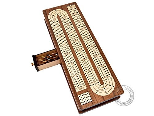 House of Cribbage - Continuous Cribbage Board Inlaid in Teak Wood/Maple Wood - 4 Track - Separate Storage Space for Two Deck of Cards & Pegs - Image 1