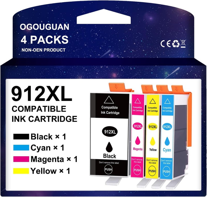 خرطوشة حبر متوافقة بديلة من نوع 912XL لطابعات HP 912 و912XL، متوافقة مع طابعات HP OfficeJet Pro 8012 و8015 و8010 و8022 و8020 و8025 و8024 و8014 و8017 و8021 و8023 AIO، عبوة متعددة من 4 قطع - Image 1