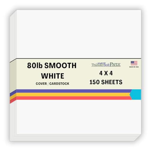 ThunderBolt Paper 150 Bright White Smooth 80# Card Paper Sheets - 4" X 4" (4X4 Inches) Small Square Card Size - 80 lb/Pound Cover Weight - Quality Stock - Print Consistency - Smooth Finish - Image 1