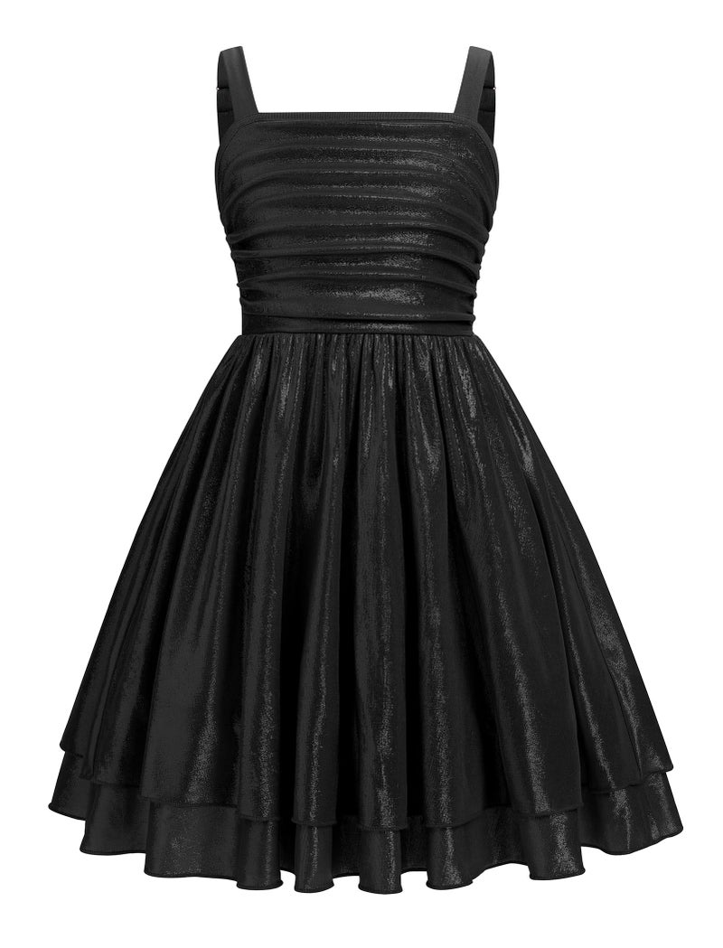 IBAKOM Teen Girl Sparkly Ruffle Metallic Dress 8t 9t 10t 11t 12t 13t 14t 15t Tween Pageant Homecoming Graduation Prom Outfits Junior Spring Sneaker Ball Formal Fancy Easter Dress Black 15-16 Years - Image 1