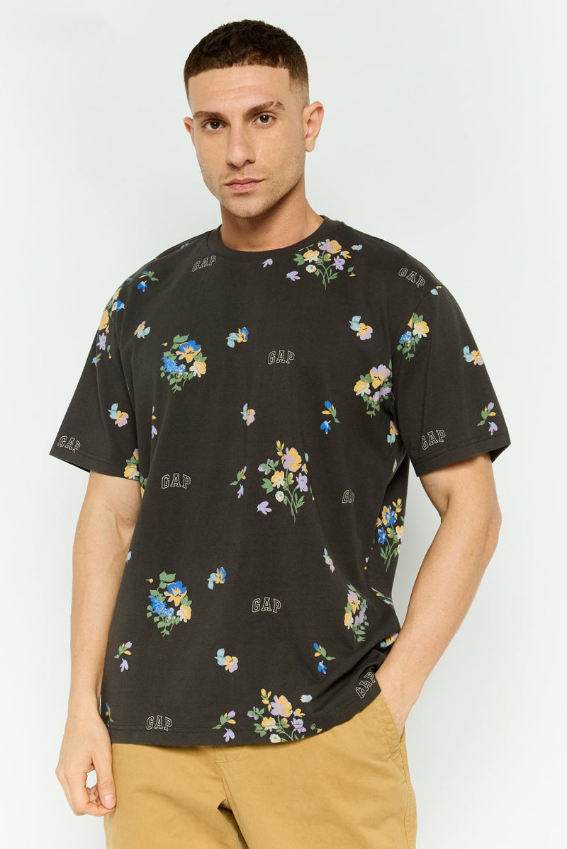 GAP Men Crew Neck Floral Print Short Sleeves T-shirt, Dark Grey - Image 1