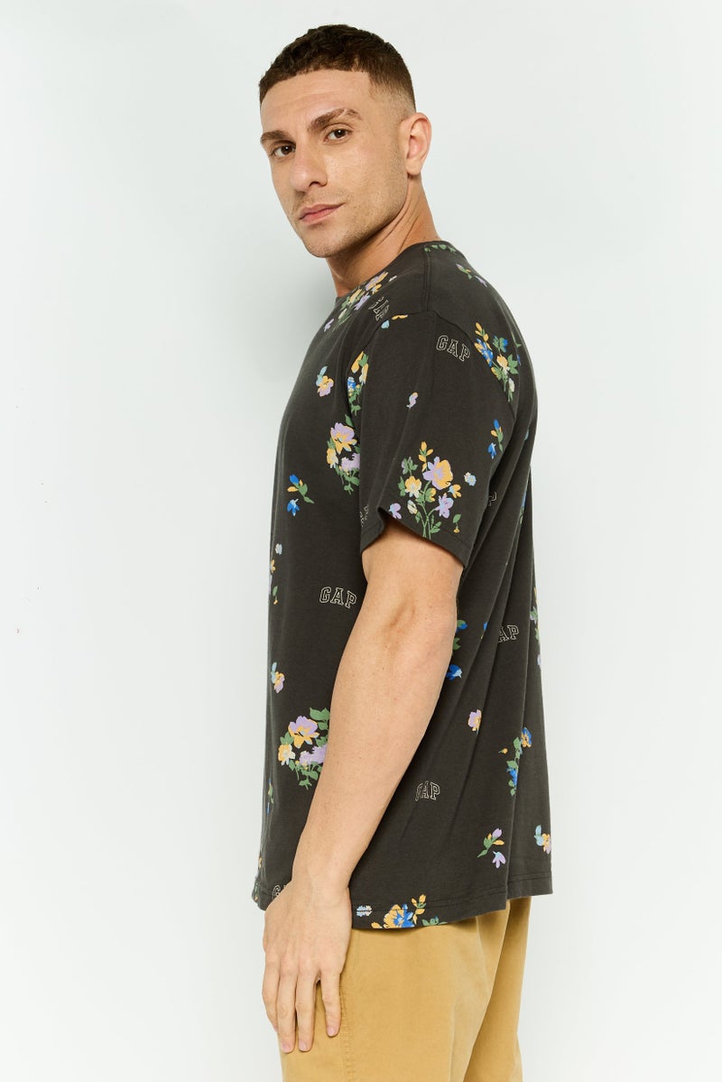 GAP Men Crew Neck Floral Print Short Sleeves T-shirt, Dark Grey - Image 3