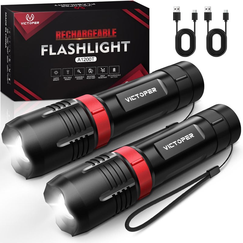 Victoper Rechargeabe Flashlight 2 Pack, High Lumens 5 Modes LED Bright Tactical Flashlights, Waterproof Zoomable Flash Light for Outdoor, Gifts for Camping Essentials Gear - Image 1