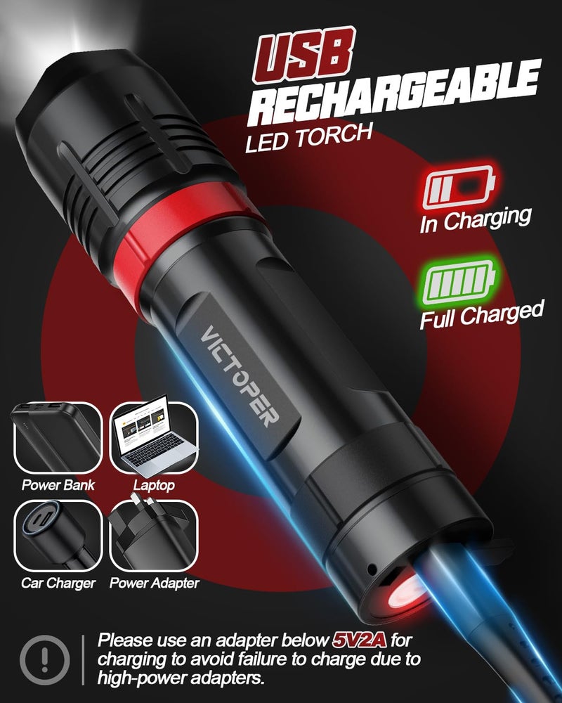 Victoper Rechargeabe Flashlight 2 Pack, High Lumens 5 Modes LED Bright Tactical Flashlights, Waterproof Zoomable Flash Light for Outdoor, Gifts for Camping Essentials Gear - Image 5