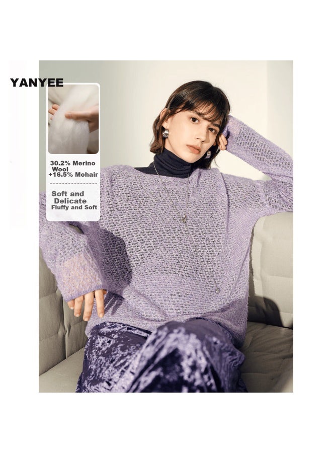 Yanyee Purple Loose Long Sleeve Hollow Out Sheep Wool Crochet Knit Sweater Women Autumn Size S/36 - Image 1