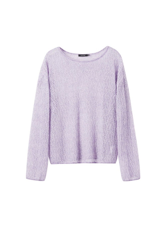 Yanyee Purple Loose Long Sleeve Hollow Out Sheep Wool Crochet Knit Sweater Women Autumn Size S/36 - Image 4
