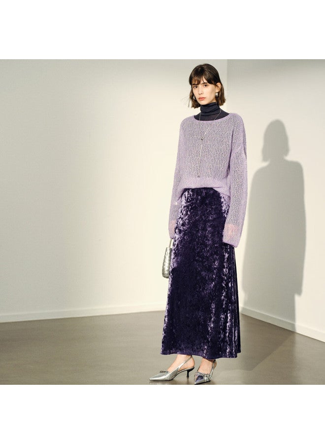 Yanyee Purple Loose Long Sleeve Hollow Out Sheep Wool Crochet Knit Sweater Women Autumn Size S/36 - Image 2