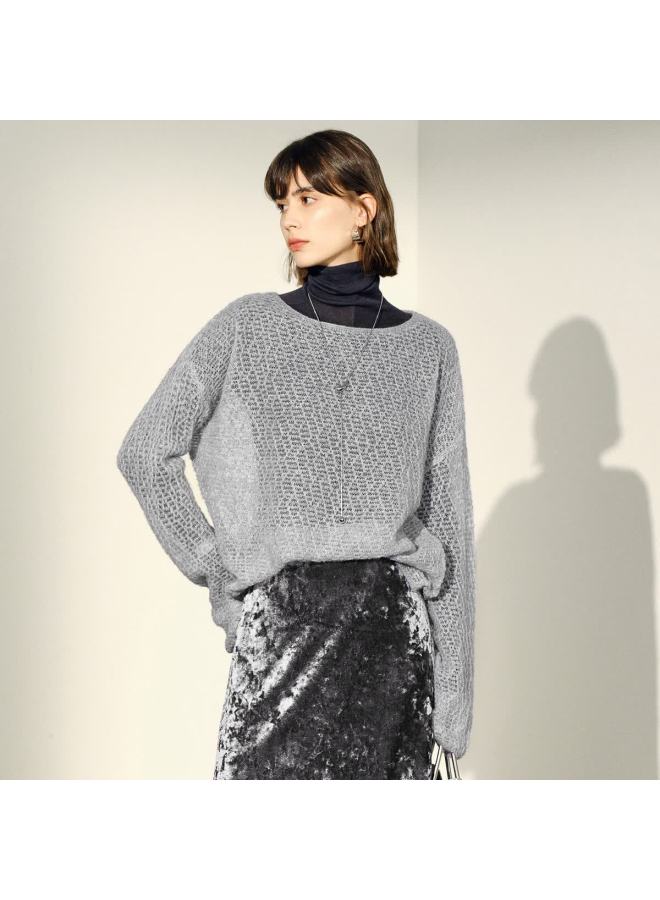 Yanyee Purple Loose Long Sleeve Hollow Out Sheep Wool Crochet Knit Sweater Women Autumn Size S/36 - Image 3