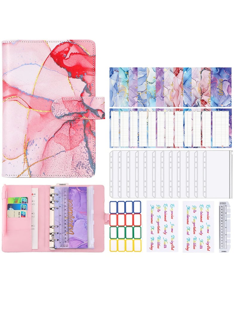 Budget Binder with Zipper Envelopes, Cash Envelopes for Budgeting, A6 PU Leather Budget Binder Planner with 12 Pcs Clear Zipper Envelopes, 12 Pcs Budget Sheets for Budgeting, Saving Money(Pink) - Image 1