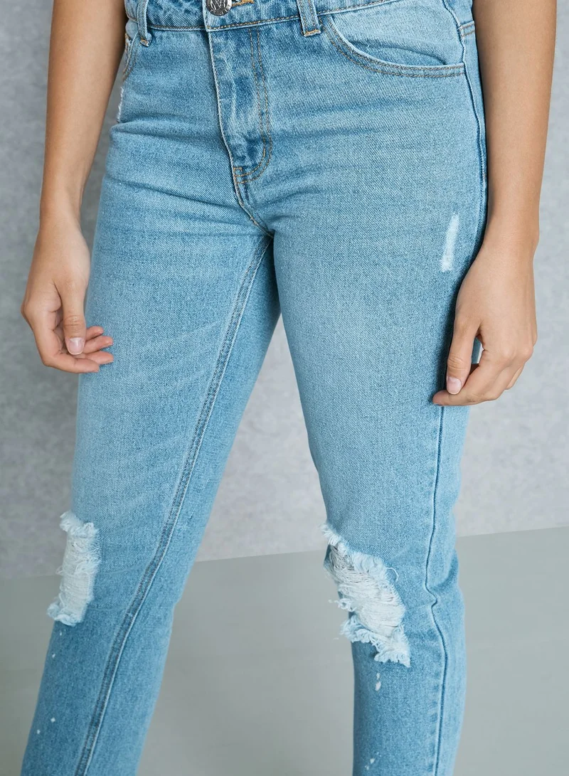Daisy Street Light Wash Straight Ripped Jeans
