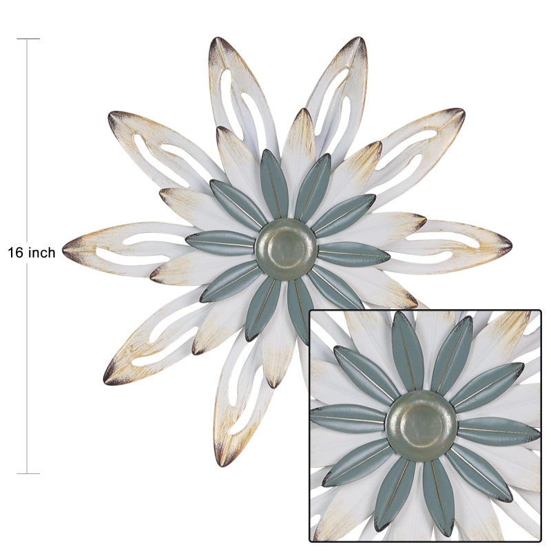 hogardeck Metal Flower Farmhouse Wall Decor, 16" Large Floral Metal Blue White Wall Art for Indoor Outdoor, Boho Wall Decor for Bathroom, Living Room, Kitchen, Bedroom, Porch, Garden, Yard - Image 2