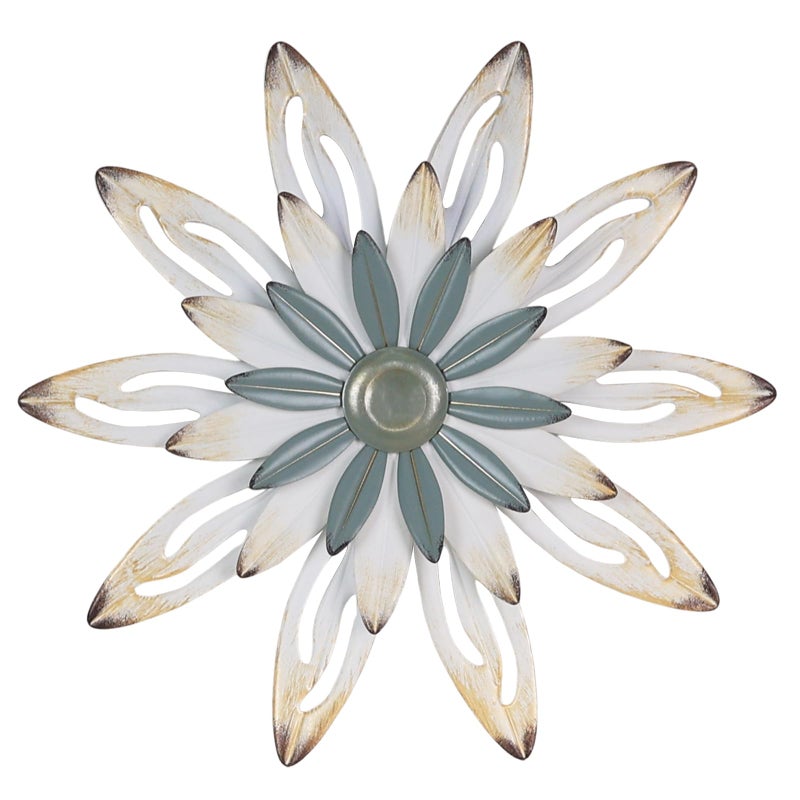 hogardeck Metal Flower Farmhouse Wall Decor, 16" Large Floral Metal Blue White Wall Art for Indoor Outdoor, Boho Wall Decor for Bathroom, Living Room, Kitchen, Bedroom, Porch, Garden, Yard - Image 1