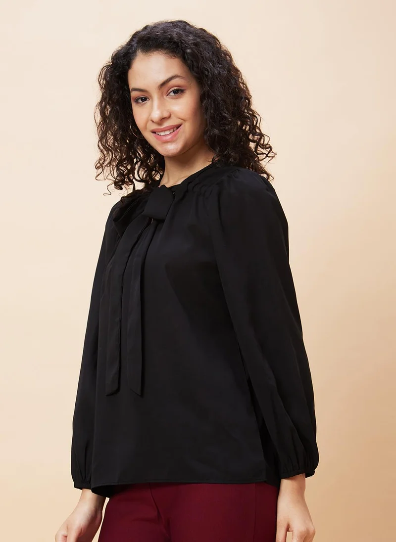globus Globus Women Tie Up Neck Puffed Sleeves Crepe Top