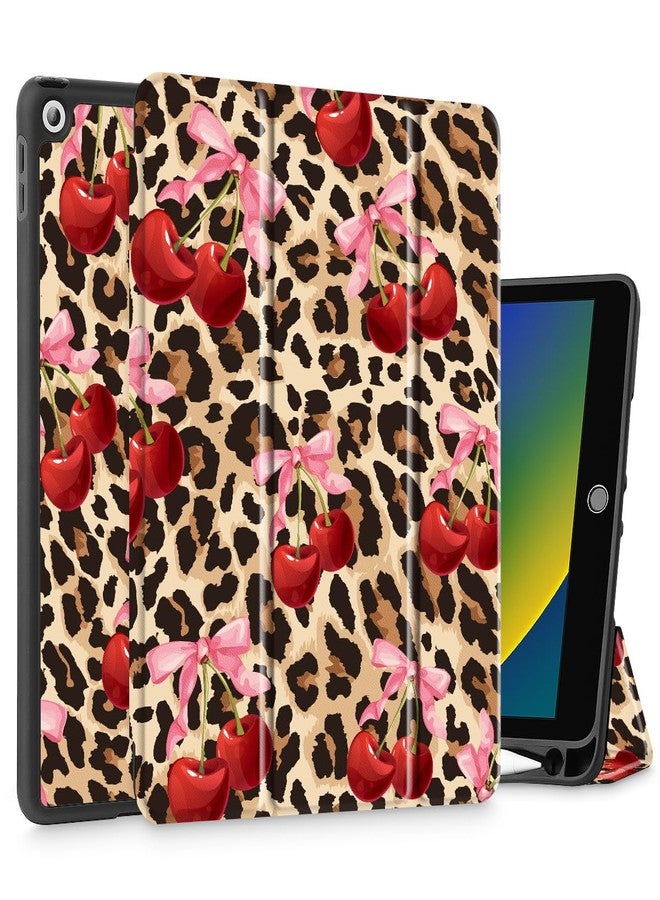 May ChenCase for iPad 10.2 Inch 2021 2020 2019 iPad 9th/8th/7th Generation with Pencil Holder, Slim Stand Protective Case with Soft TPU Back, Auto Sleep/Wake Cover, Cherry & Cheetah - Image 1