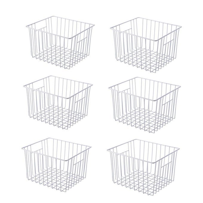 11 FARMHOUSE FREEZER FOOD STORAGE ORGANIZER BASKETS MODERN REFRIGERATOR METAL WIRE BASKET BIN WITH BUILTIN HANDLES FOR KITCHEN PANTRY BATHROOM CABINETS WHITE SET OF 6