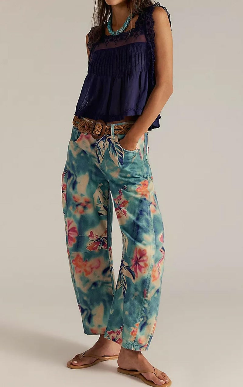 loveimgs Women Boyfriend Baggy Barrel Jeans Floral Print Denim Ankle Pants Wide Leg Mid Rise Jeans Sweatpants Y2k Patchwork (Medium,Tie dye) - Image 3