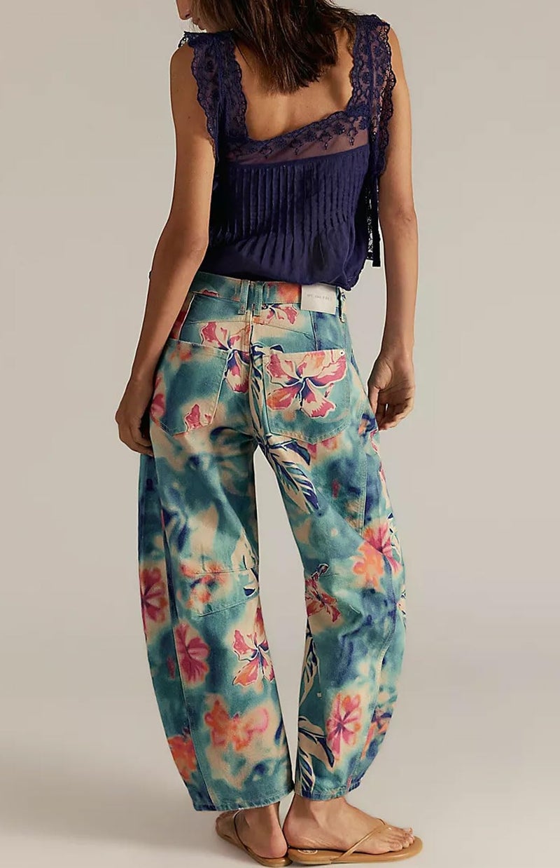 loveimgs Women Boyfriend Baggy Barrel Jeans Floral Print Denim Ankle Pants Wide Leg Mid Rise Jeans Sweatpants Y2k Patchwork (Medium,Tie dye) - Image 4