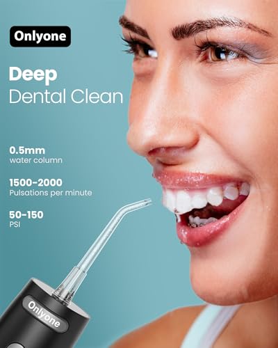 Onlyone فلاسر الأسنان المائي Onlyone، 300 مل، جهاز تنظيف الفم المحمول، 4 أوضاع و 5 رؤوس نفاثة، جهاز تنظيف قابل لإعادة الشحن، آلة خيط كهربائية، ملحقات فلاسر ومروحة باللون الأزرق - Image 2