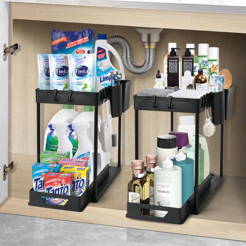LTAXAF 2-Pack Under Sink Organizer â€“ 2-Tier Sliding Storage Rack for Bathroom & Kitchen, Pull-Out Under Cabinet Organizer for Bathroom Organizers and Storage (Black) - Image 2