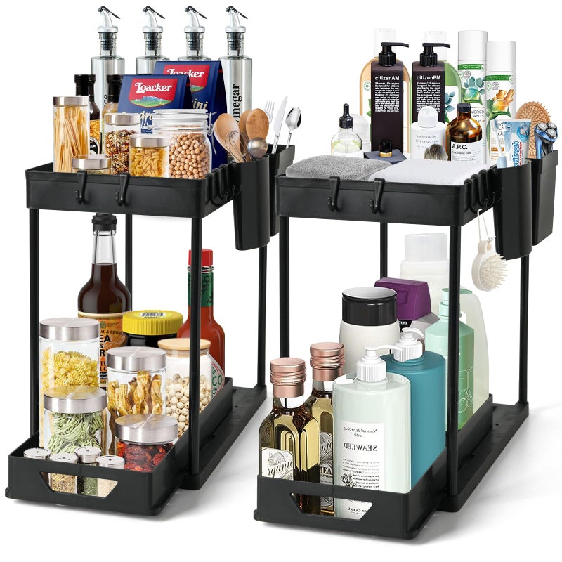 LTAXAF 2-Pack Under Sink Organizer â€“ 2-Tier Sliding Storage Rack for Bathroom & Kitchen, Pull-Out Under Cabinet Organizer for Bathroom Organizers and Storage (Black) - Image 1