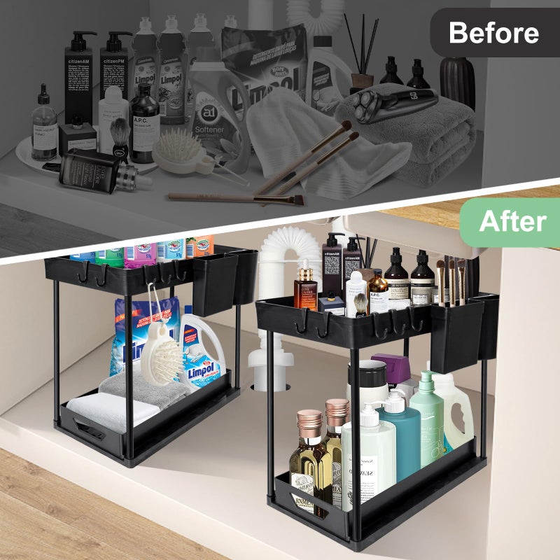 LTAXAF 2-Pack Under Sink Organizer â€“ 2-Tier Sliding Storage Rack for Bathroom & Kitchen, Pull-Out Under Cabinet Organizer for Bathroom Organizers and Storage (Black) - Image 3
