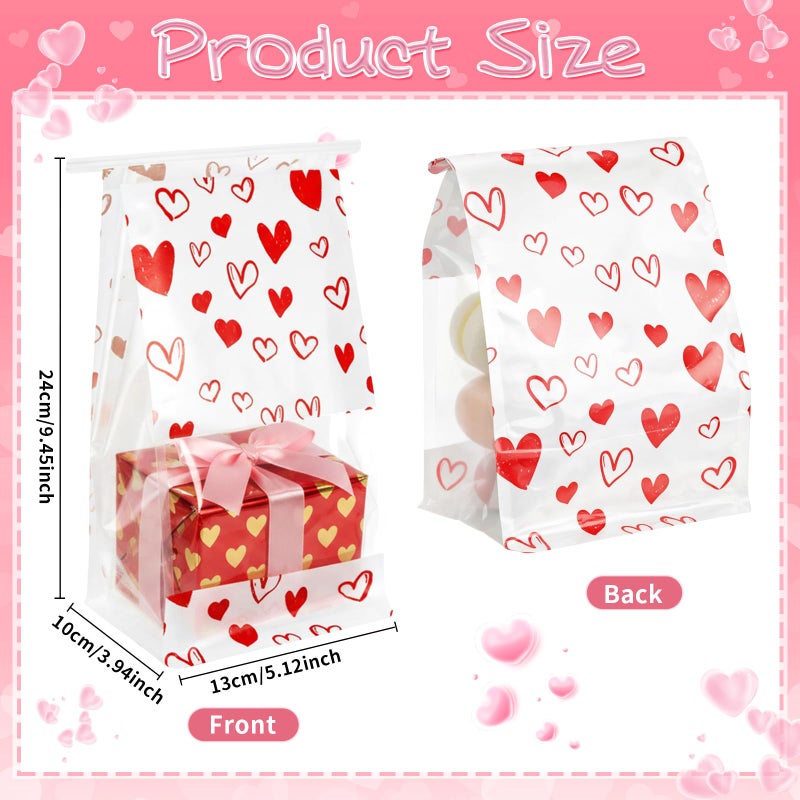 Tinlade 50 Pcs Red Heart Gift Bags Goody Bag Bakery Bread Bags with Tin Tie Lock Window, Paper Treat Pouches for Candies, Cookies Party Gifts, 9.4 x 5.1 x 3.9 Inches - Image 3