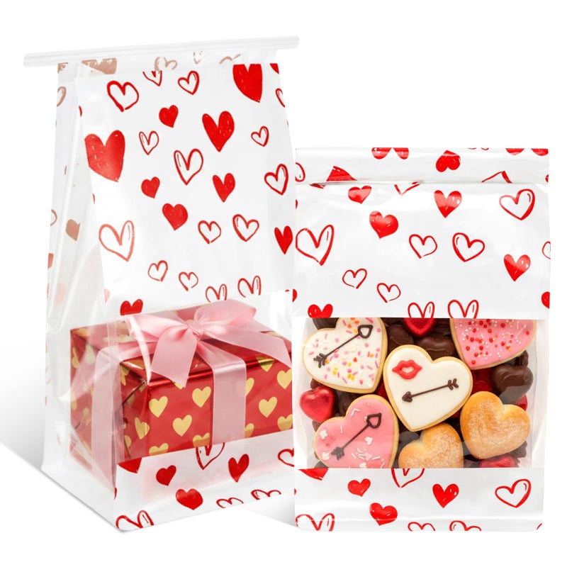 Tinlade 50 Pcs Red Heart Gift Bags Goody Bag Bakery Bread Bags with Tin Tie Lock Window, Paper Treat Pouches for Candies, Cookies Party Gifts, 9.4 x 5.1 x 3.9 Inches - Image 1