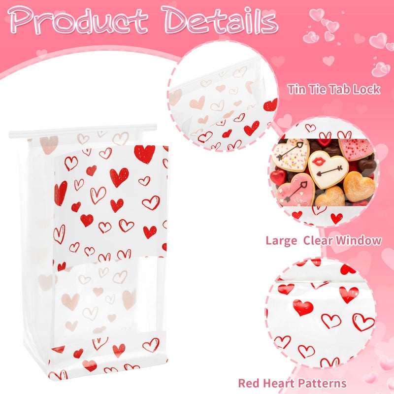 Tinlade 50 Pcs Red Heart Gift Bags Goody Bag Bakery Bread Bags with Tin Tie Lock Window, Paper Treat Pouches for Candies, Cookies Party Gifts, 9.4 x 5.1 x 3.9 Inches - Image 4