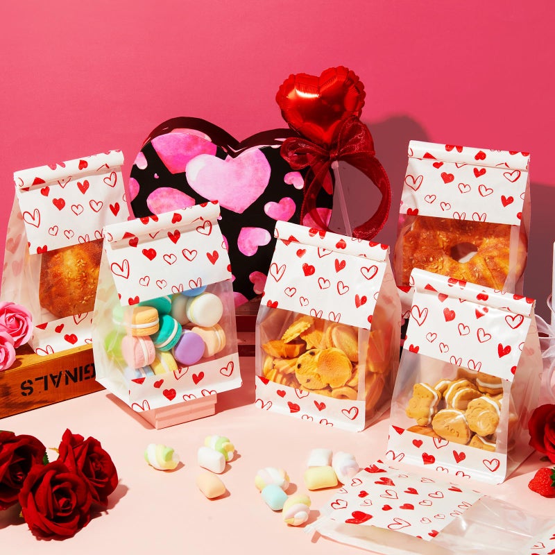 Tinlade 50 Pcs Red Heart Gift Bags Goody Bag Bakery Bread Bags with Tin Tie Lock Window, Paper Treat Pouches for Candies, Cookies Party Gifts, 9.4 x 5.1 x 3.9 Inches - Image 5
