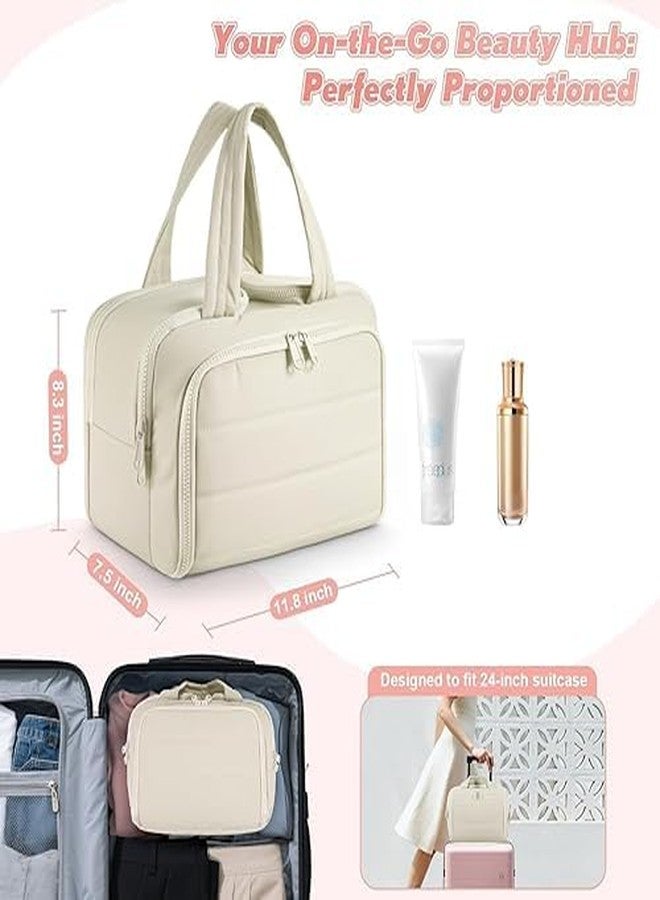 KRIVAZ Multi Functional Toiletry Bag for Women, Large Capacity Travel Toiletry Bag, Multi-Compartment Makeup Organiser with Elastic Brush Holders, Wide-Mouth Design (Cream) - Image 2
