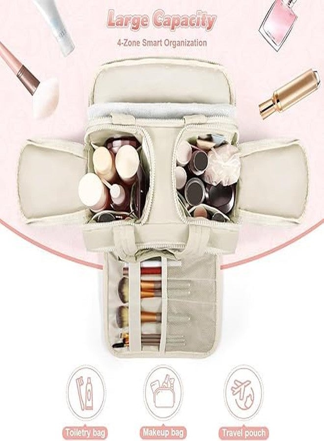 KRIVAZ Multi Functional Toiletry Bag for Women, Large Capacity Travel Toiletry Bag, Multi-Compartment Makeup Organiser with Elastic Brush Holders, Wide-Mouth Design (Cream) - Image 4