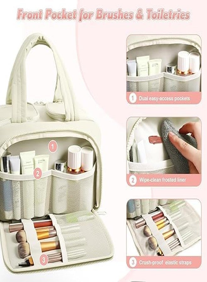 KRIVAZ Multi Functional Toiletry Bag for Women, Large Capacity Travel Toiletry Bag, Multi-Compartment Makeup Organiser with Elastic Brush Holders, Wide-Mouth Design (Cream) - Image 5