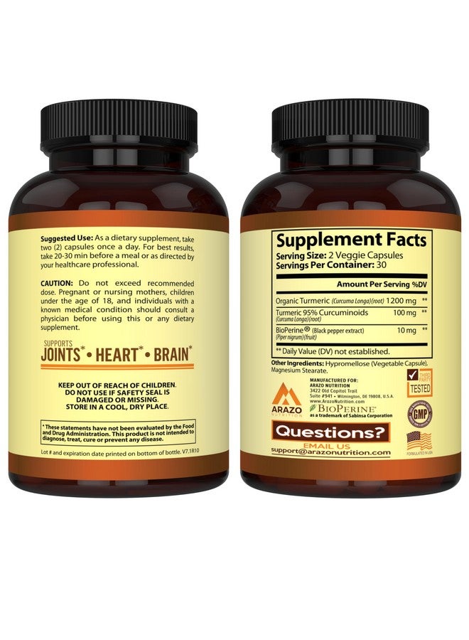 Arazo Nutrition Arazo Nutrition Turmeric Curcumin with BioPerine 1300mg with Black Pepper - Joint Support Nutritional Supplements - 100% Herbal Tumeric Root Capsules - Image 3