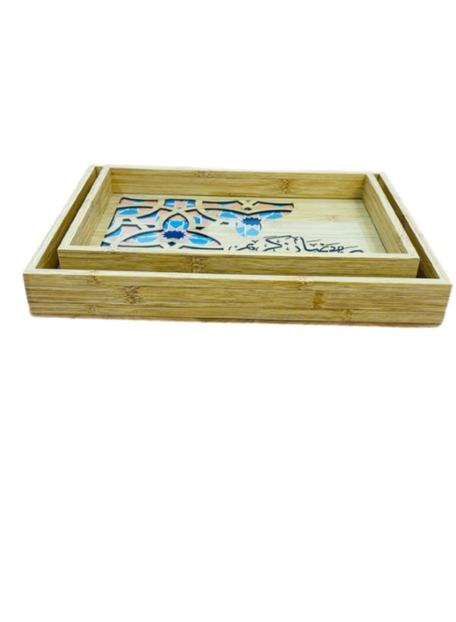 صينية تقديم خشب الخيزران مع قاعدة زجاج شفاف نمط إسلامي رمضان كريم مجموعة من قطعتين حجم مناسب - Image 1