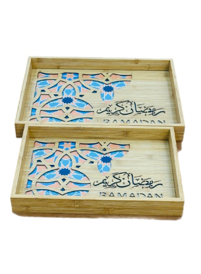 صينية تقديم خشب الخيزران مع قاعدة زجاج شفاف نمط إسلامي رمضان كريم مجموعة من قطعتين حجم مناسب - Image 3