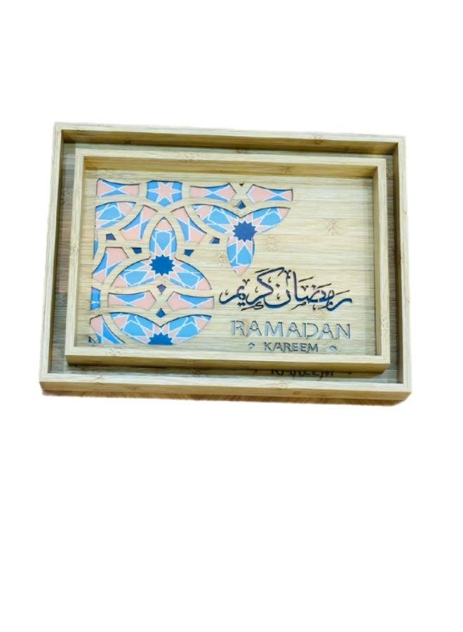 صينية تقديم خشب الخيزران مع قاعدة زجاج شفاف نمط إسلامي رمضان كريم مجموعة من قطعتين حجم مناسب - Image 4