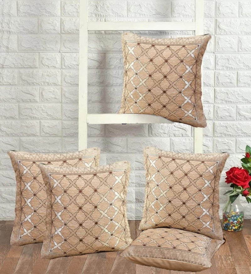 LOOMLYFE Jacquard Geomteric Cushion Covers 16 Inch X 16 Inch Set Of 5 Ethnic Motifs 240 TC Cushion Covers,Design- Cross,Color- Beige - Image 2