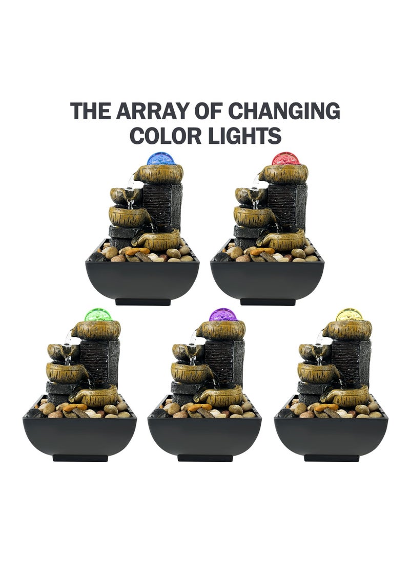 SYOSI Tabletop Fountain 4 Tier Waterfall Function Indoor Zen Meditation Desktop Rocks Decorated with Colored Lights and Rolling Ball for Home Office Decoration  - Image 4