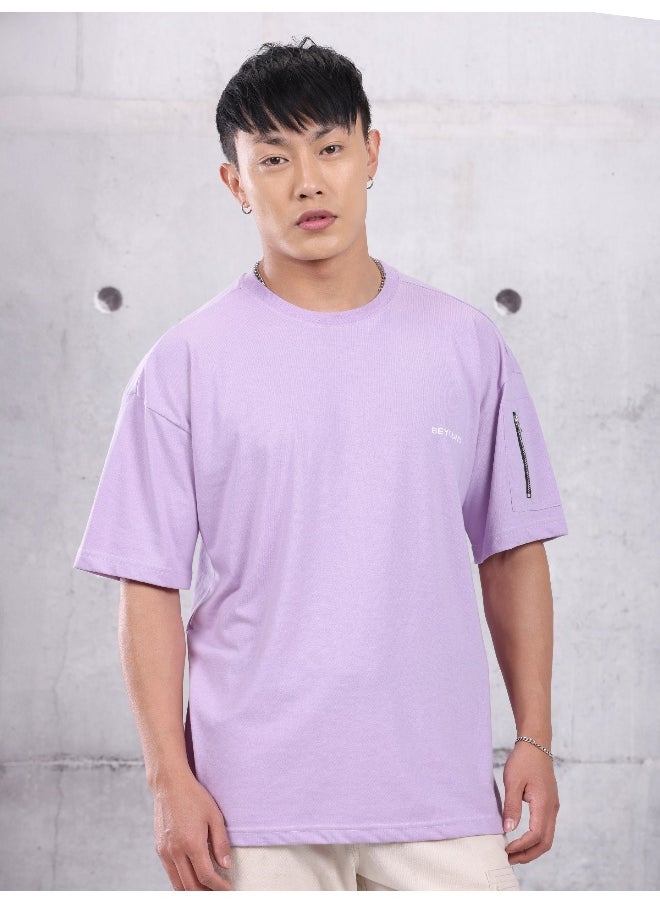 Beyoung Lilac Zip Sleeved Oversized T-shirt for Men  - Image 1