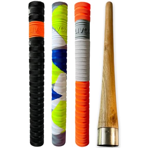 LIVOX Rubber Cricket Bat Handle Grip Cone Thunderblade Dynamic Texture for Better Shock Absorption Bat Gripper Cone Cricket Accessories for Boys Cricket Bat, 1 Wooden Cone & 3 Bat Grip - Image 1