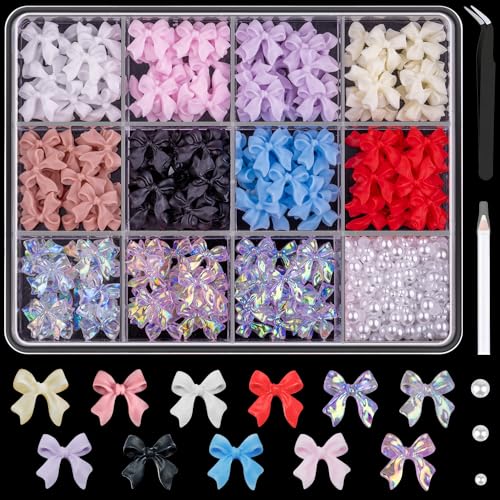 BELLEBOOST 600 Pcs Bow Nail Charms and Flatback Pearls Set 2, 11 Colors Shiny Cute Bow Charms Nail Jewels and 2-4mm White Nail Pearls for Nail Art DIY Decoration with Pickup Tools - Image 1