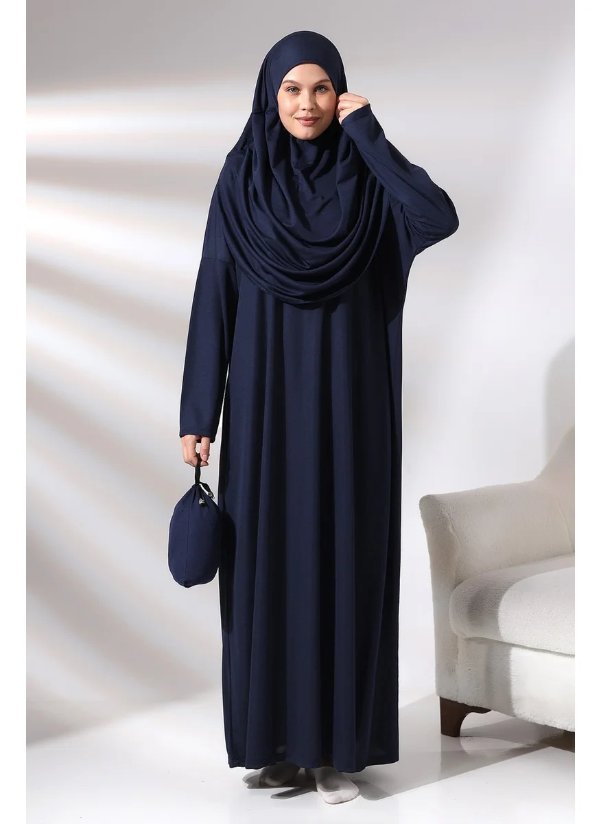 İhvan Navy Blue Women's Practical Headscarf One-Piece Prayer Dress with Bag