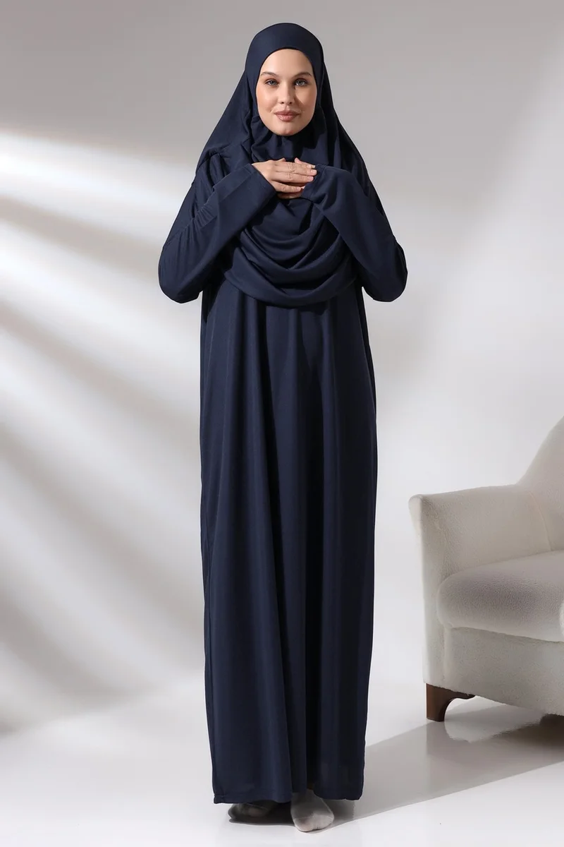 İhvan Navy Blue Women's Practical Headscarf One-Piece Prayer Dress with Bag