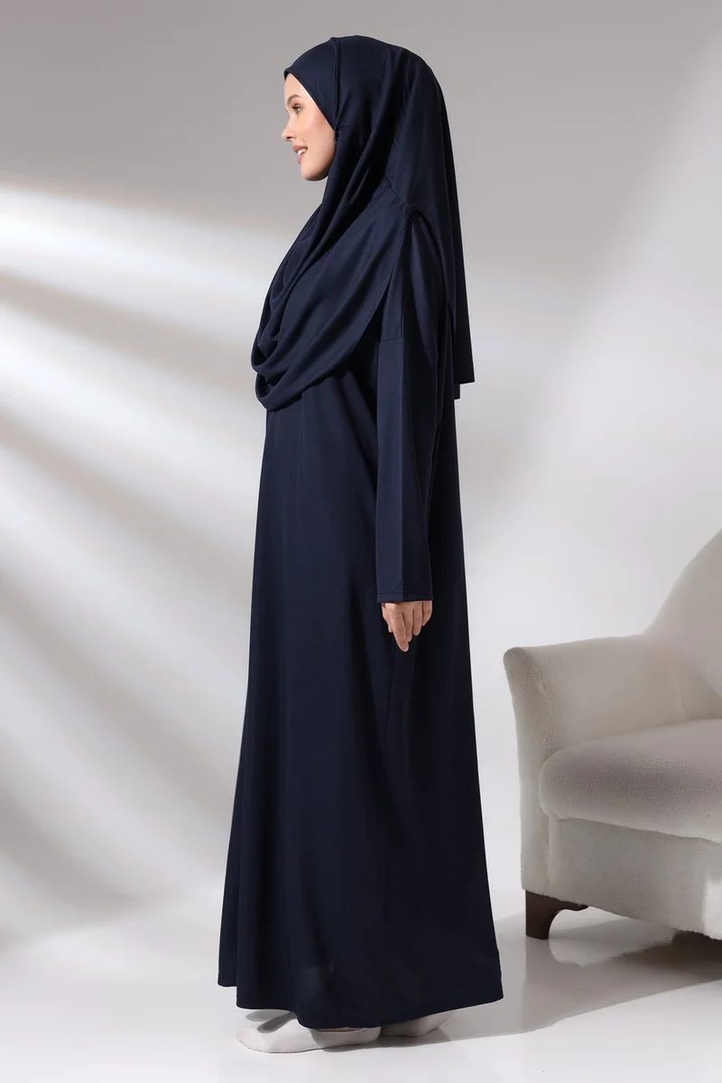 İhvan Navy Blue Women's Practical Headscarf One-Piece Prayer Dress with Bag